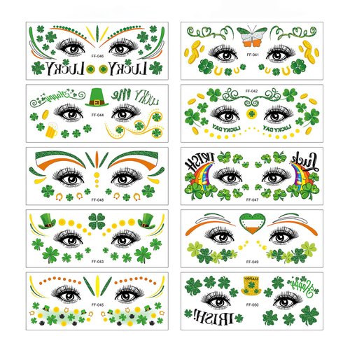 10 Sheets Face Tattoos Sticker St. Patrick's Day Body Temporary Art Painting Butterfly Irish Shamrock Gold Coin Design Eye Temporary Tattoos Stickers for Saint Patrick's Day Party Parade Favors