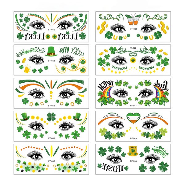 10 Sheets Face Tattoos Sticker St. Patrick's Day Body Temporary Art Painting Butterfly Irish Shamrock Gold Coin Design Eye Temporary Tattoos Stickers for Saint Patrick's Day Party Parade Favors