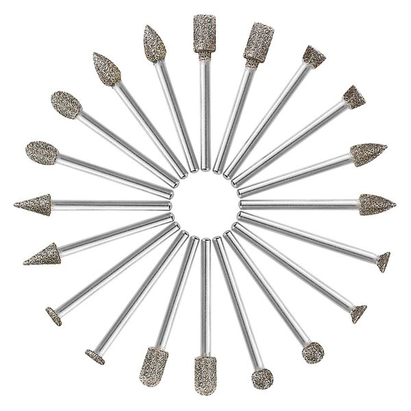 60 Grit 20Pcs 𝗗𝗶𝗮𝗺𝗼𝗻𝗱 𝗕𝘂𝗿𝗿 𝗦𝗲𝘁 - GOXAWEE Rotary Grinding Burrs Engraving Bits Set with 1/8-inch Shank, Diamond-Coated Stone Carving Accessories Bit Universal Fitment for Rotary Tools