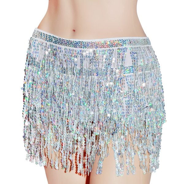 SUMERSHA Belly Dance Hip Scarf Sequin Tassel Skirt Sparkly Fringe Skirt Wrap Halloween Costume Party Rave Clothing, Silver