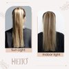 Hetto Blonde Highlighted Wrap Around Ponytail Human Hair 18 Inch 80g Long Ponytail Extension Human Hair Brown Highlight Blonde Magic Paste Ponytail Hair Extensions