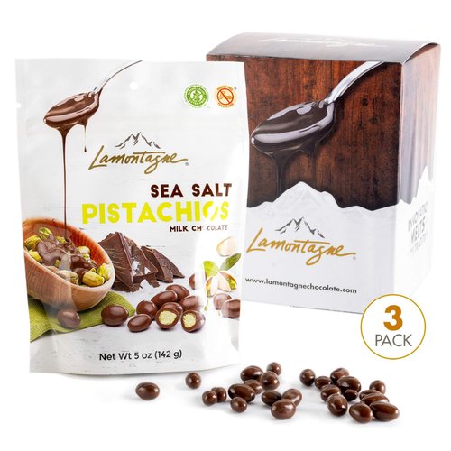 Lamontagne Milk Chocolate & Sea Salt Pistachios, pack of 3 bags - Gluten-free, Peanut-free and Palm Oil-Free Snack