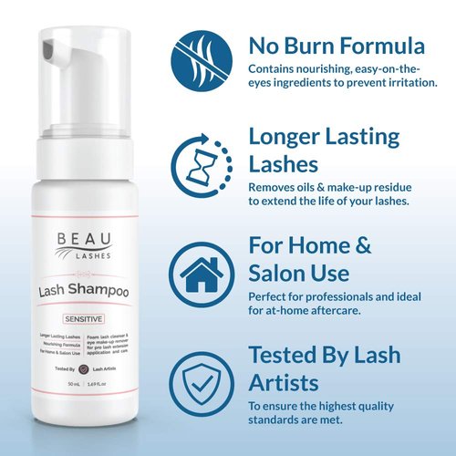 Eyelash Extension Foam Cleanser Shampoo & Brush (50ml) - Oil Free Sensitive Paraben & Sulfate Free Eyelid/Lash Foaming Wash Cleaner To Remove Makeup & Mascara - Ideal For Salons And Home Care