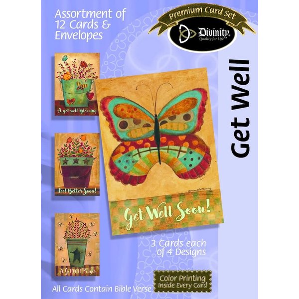 Get Well Butterfly Floral 5 x 7 Inch Set of 12 Greeting Cards Assortment with Envelopes