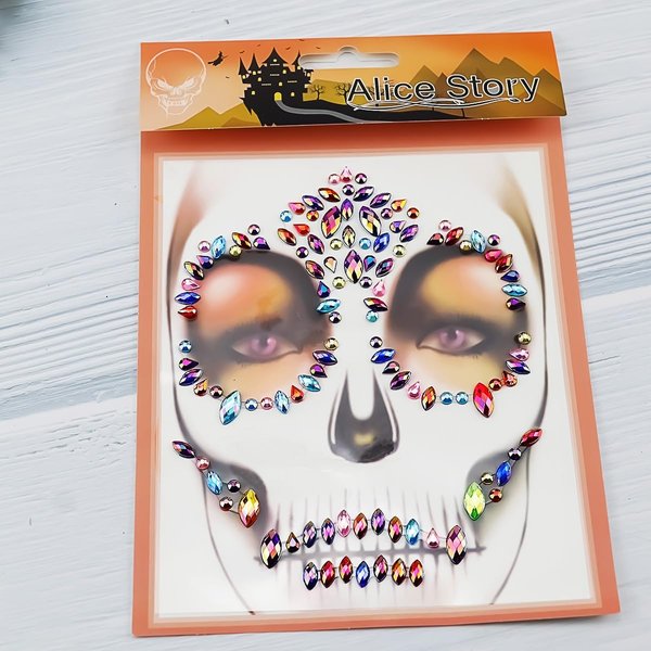 Halloween Skeleton Face Gems Jewels Rhinestone Temporary Tattoos Face Jewels Day of the Dead Face Stickers Gems Blue Glitter Jewels for Crystals Face Stickers Eyes Face Body 1 Pack