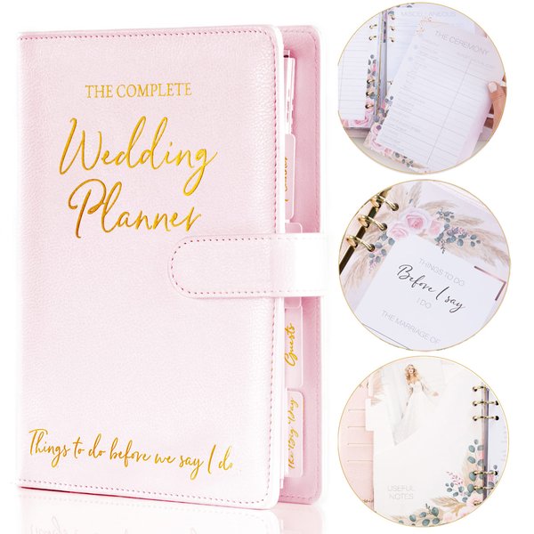 Wedding Planner Book and Organizer for The Bride 2021 -Pink Faux Leather, Gold foil Stamped 'Busy Planning Our Wedding Day' Wedding Binder Engagement Gifts for Women