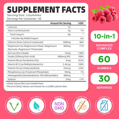 Calcium Magnesium Zinc Gummies with Vitamin D3, Sugar Free Calcium Gummies for Women Men, High Potency Magnesium Gummies for Bone & Muscle & Immune Health, Raspberry Flavor - 120 Count