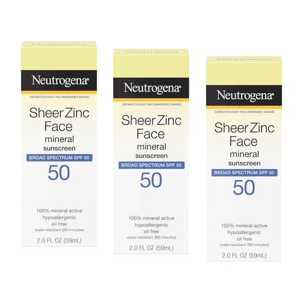 Neutrogena Sheer Zinc Dry-Touch SPF 50 Face Sunscreen, 2 Fluid Ounce -Pack of 3 (Package May Vary)