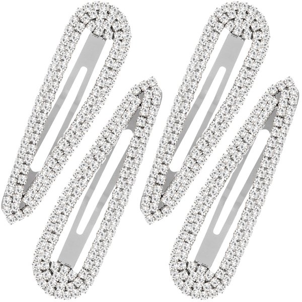 HINZIC 4Pcs 2.4Inch Rhinestone Hair Clips Silver Snap Hair Barrettes Water Drop Wedding Prom Engagement Dance Party Hair Pins Decorative Hair Pins Accessories for Women Teen Girls Bridal