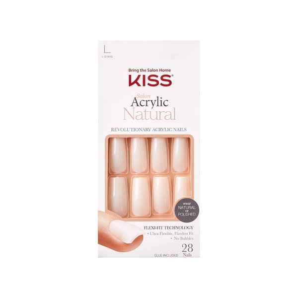 KISS Salon Acrylic Press On Nails, Nail glue included, Bareskinned', White, Long Size, Square Shape, Includes 28 Nails, 2g glue, 1 Manicure Stick, 1 Mini File