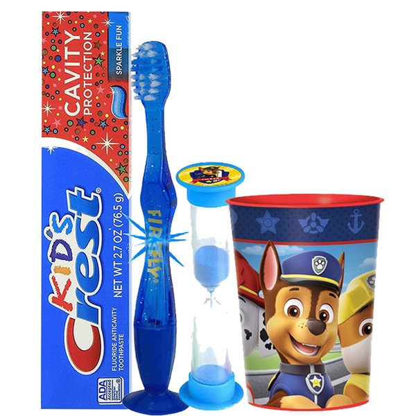 Paw Patrol Chase Inspired 4pc Bright Smile Oral Hygiene Set! Flashing Lights Toothbrush, Toothpaste, Brushing Timer & Mouthwash Rise Cup! Plus Bonus Remember to Brush Visual Aid!