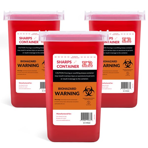 Ever Ready First Aid Sharps Container with Split Lid Design and Locking Mechanism for Sharp Waste Disposal, 1 Quart - 3 Count