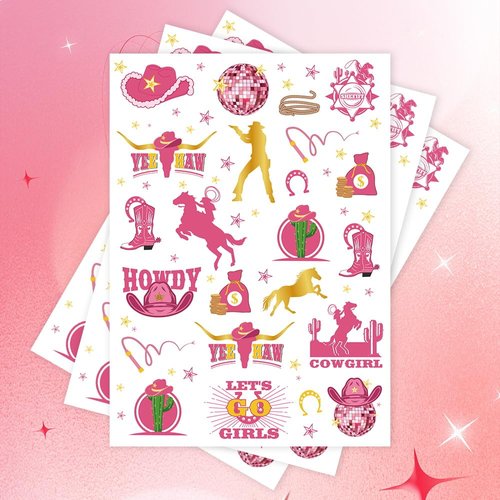 Crazy Night Cowgirl Temporary Tattoos -69 Styles, Western Rodeo Birthday Party Decorations,Lets Go Girls Party Décor,Giddy Up Disco Cowgirl Party Favors