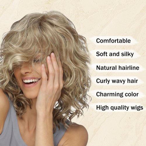 SEVENCOLORS Blonde Curly Bob Wigs for White Women Short Layered Wavy Wigs with Dark Roots Fluffy Natural Hair Synthetic Medium Length Wigs