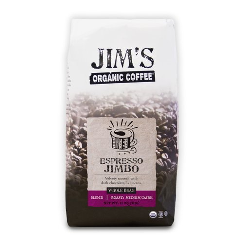 Jim’s Organic Coffee – Espresso Jimbo Blend – Medium/Dark Roast, Whole Bean, 11 oz Bag