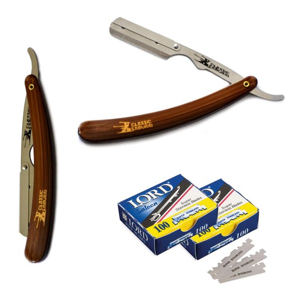 Classic Samurai Stainless Steel Professional Barber Folding Straight Edge Razor Shavette Men's Shaving Kit with 200 Count Lord Single Edge Razor Blades (Brown)
