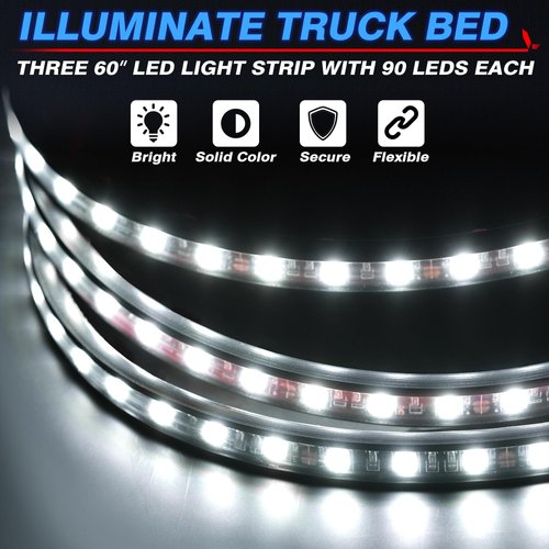 MICTUNING 3Pcs 60 Inch Truck Bed Lights - White Waterproof LED Light Strip with On-Off Switch Fuse Splitter Cable Compatible for Truck Jxxp Pickup RV SUV Vans Cargo Boats and More