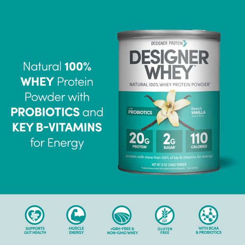 Designer Wellness Designer Whey Natural 100% Whey Protein Powder with Probiotics , Fiber, and Key B-Vitamins for Energy, Gluten-free, Non-GMO, French Vanilla 12 oz