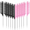 12 Pieces Parting Comb for Braids, Rat Tail Comb Pintail Comb Teasing Combs with Stainless Steel Pintail for Hair Styling Hairdressing (Black, Pink)