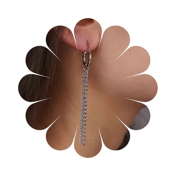 Sttiafay Vintage Tassel Chain Earrings Silver Fringe Chain Earrings Long Chain Dangle Earrings Punk Thick Chain Huggie Hoop Earrings Jewelry for Women and Girls