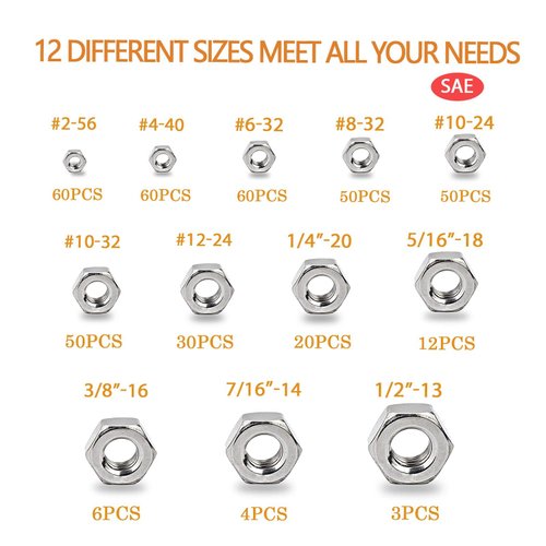 TWCC 405 Pcs SAE Hex Nuts Assortment Kit #2-56#4-40#6-32#8-32#10-24#10-32#12-24 1/4"-20 5/16"-18 3/8"-16 7/16"-14 1/2"-13 Stainless Hex Nuts Set