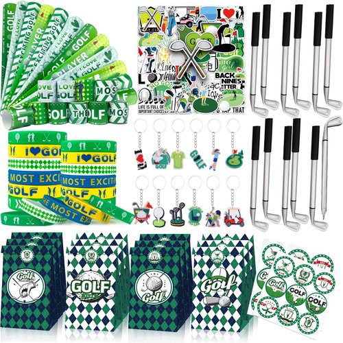 VAMWOGO Golf Party Favors 110Pcs Golf Themed Birthday Party Supplies Include Keychains Slap Bracelets Goodie Bags Stickers Golf Themed Party Favors Gifts for Pinata Filler