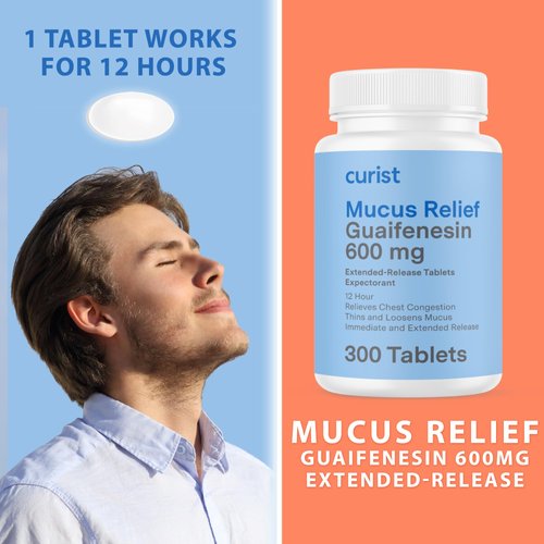 Curist Guaifenesin 600 mg Extended Release Tablets (300 Dye-Free Tablets) - Expectorant Mucus Relief, Generic Guaifenesin 600 mg, (Bulk Pack)