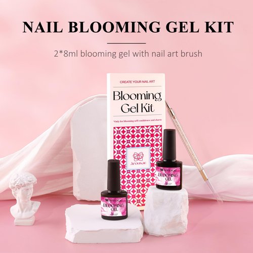 Arousar Nail Blooming Gel, 2PCS 8ml Clear Blooming Gel Polish UV LED Soak Off Nail Art Gel with Nail Brush for Spreading Effect, Marble, Floral Print and Watercolor Designs
