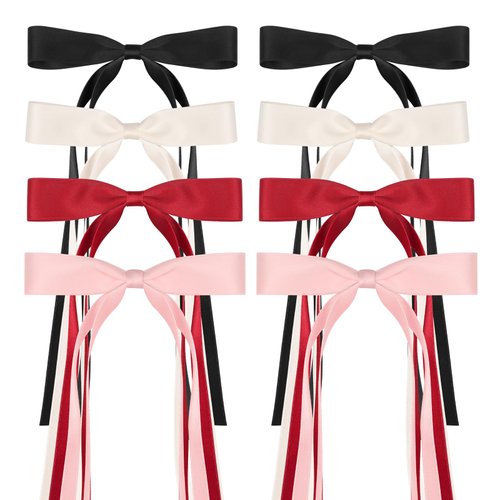 8 PCS Silky Satin Hair Bows with Tassel for Women Grils, Tassel Ribbon Bowknot Hair Clips for Ponytail Holder. Pink, Red Hair Bow and Black, White Barrettes Claw Bow