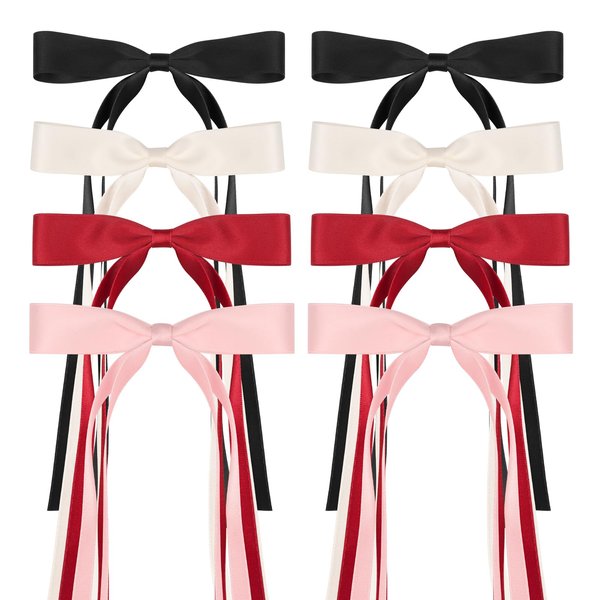 8 PCS Silky Satin Hair Bows with Tassel for Women Grils, Tassel Ribbon Bowknot Hair Clips for Ponytail Holder. Pink, Red Hair Bow and Black, White Barrettes Claw Bow