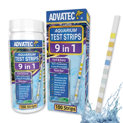 9 in 1 Aquarium Test Strips for Salt & Freshwater, Fish Tank Tester Kit for Iron, Copper, Carbonate, pH, Nitrate, Nitrite, Chlorine, Total Hardness & Alkalinity - 100 Count