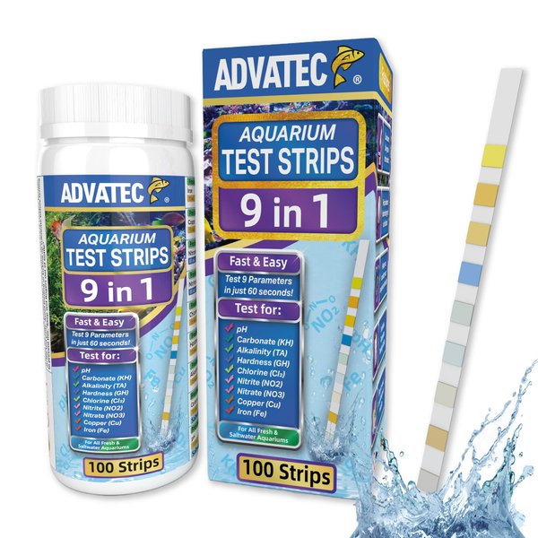 9 in 1 Aquarium Test Strips for Salt & Freshwater, Fish Tank Tester Kit for Iron, Copper, Carbonate, pH, Nitrate, Nitrite, Chlorine, Total Hardness & Alkalinity - 100 Count