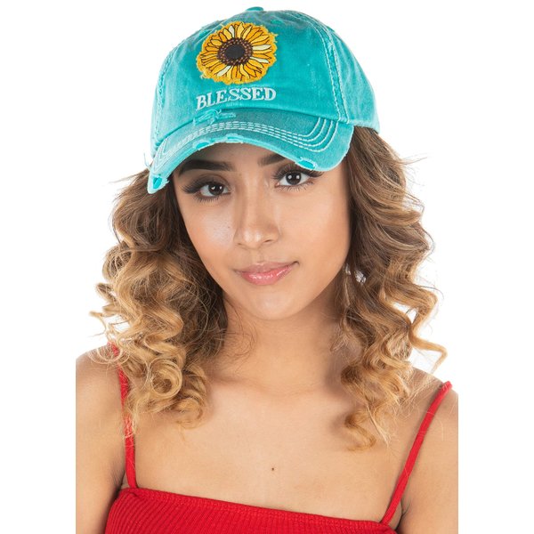 Funky Junque Womens Baseball Cap Distressed Vintage Unconstructed Embroidered Patch Hat (Blessed w/Sunflower - Turquoise)
