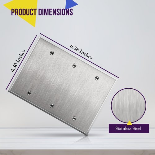 ENERLITES Blank Device Metal Wall Plate, Corrosive Resistant, Size 3-Gang 4.50" x 6.38", 7703, 430 Stainless Steel, UL Listed, Silver