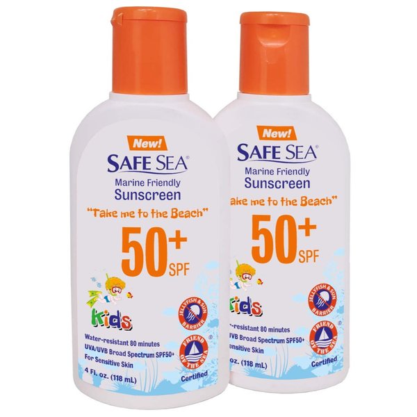 Safe Sea SPF50+ Kids sunscreen - Jellyfish and Sea lice protective lotion. Very Water Resistant, Sensitive skin Reef-Safe Sunscreen. Oxybenzone and Octinoxate free, Paraben free, 4 fl. Oz. Pack of 2