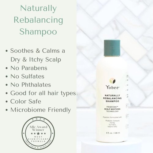 Yobee Naturally Rebalancing Shampoo - Dry & Itchy Scalp Treatment with Probiotic Extracts, Organic honey and Turmeric, Vitamin B12 and Oat Extract - Dandruff, Seborrheic Dermatitis & Psoriasis Relief