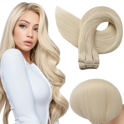 Full Shine Weft Hair Extensions Human Hair Platinum Blonde Sew In Real Hair Extensions Blonde Hair Weft Extensions Remy Human Hair Blonde Full Head 105G 24 Inch Human Hair Weft Sew In Extensions