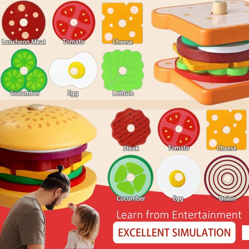 Toddler Montessori Toys for 3 4 5 Year Old Boy Girl, Pretend Play Toy Fake Food for Ages 3-5 Kids Gifts, Stacking Wooden Building Blocks Educational Puzzles Games for Preschool Classroom (Set)