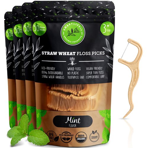 Biodegradable Dental Floss Picks - Natural Plastic Free Handle | Thin Thread Tooth Flossers for Adults & Kids Toothpick Stick Soft on Gum Teeth Eco Friendly Zero Waste Vegan Organic (200, Mint)