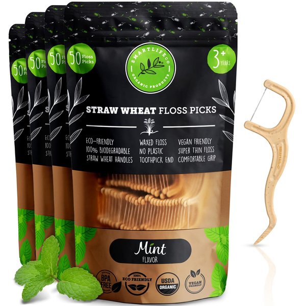 Biodegradable Dental Floss Picks - Natural Plastic Free Handle | Thin Thread Tooth Flossers for Adults & Kids Toothpick Stick Soft on Gum Teeth Eco Friendly Zero Waste Vegan Organic (200, Mint)
