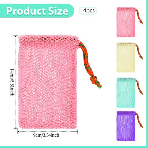 4 Pack Soap Savers for Bar Soap Exfoliating Net Mesh for Shower Holder Mesh Foaming bag for Bath and Shower(4 Colors, 5.5 x 3.5 In)