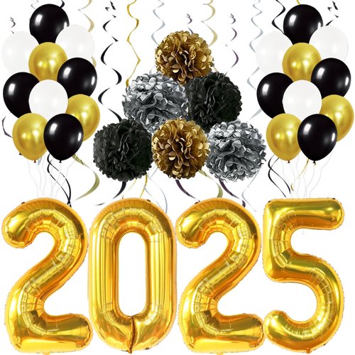 KatchOn, Black and Gold New Years Balloons 2025 - Pack of 45 | 40 Inch, Balloons 2025 with Pom Poms, Swirls | NYE Party Favors 2025, New Years Decorations 2025 | New Years Eve Party Supplies 2025