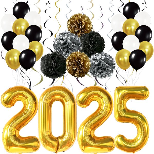 KatchOn, Black and Gold New Years Balloons 2025 - Pack of 45 | 40 Inch, Balloons 2025 with Pom Poms, Swirls | NYE Party Favors 2025, New Years Decorations 2025 | New Years Eve Party Supplies 2025
