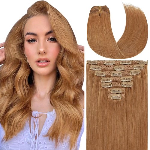 Caliee Hair Extensions Clip in Human Hair Auburn Double Weft Clip in Human Hair Extensions Thick ends Seamless Hair Extensions Clip in 18inch with 16 Clips