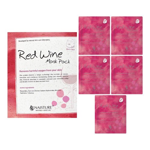 Naisture Premium Facial Mask - Red Wine 5 Pack, Korean Face Mask for Smooth, Moisturizing Skin Care, All Skin Types, Home Spa Self Care Gift Masks for Women & Men