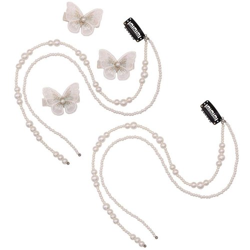 2Pcs Artificial Imitation Pearl Hair Extension Chain Tassel Hair Piece and 3Pcs Butterfly Hair Clips Ponytail Clip Head Chain Wedding Hair Jewelry Accessories for Women and Girls Fashion Accessoires, White