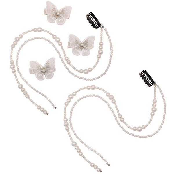 2Pcs Artificial Imitation Pearl Hair Extension Chain Tassel Hair Piece and 3Pcs Butterfly Hair Clips Ponytail Clip Head Chain Wedding Hair Jewelry Accessories for Women and Girls Fashion Accessoires, White