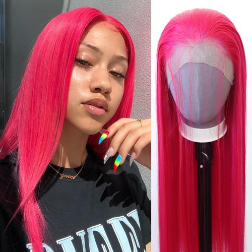 zigzag hair Hot Pink Wig Long Straight Rose Red Pink Synthetic Lace Front Wigs Pre Plucked with Natural Hairline for Fashion Women Heat Resistant Hair Glueless Synthetic Lace Wig (Hot Pink)