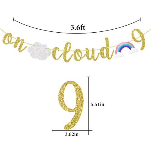 On Cloud 9 Banner 9th Birthday Party Decorations Rainbow Sign 9 Year Old Birthday Supplies for Girl Gold Glitter