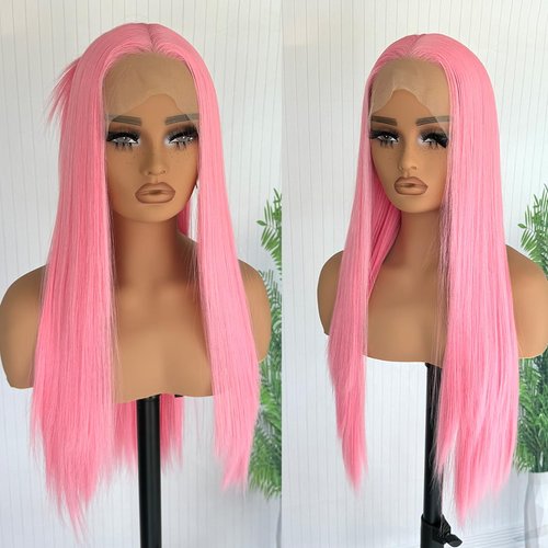 GJRainDY Pink Lace Front Wigs Synthetic Long Straight Hair Wig for Women Pastel Pink Red Wig Pre Plucked Natural Hairline for Black Women Heat Resistant Fiber Hair Cosplay Daily Wear Wig 24Inch